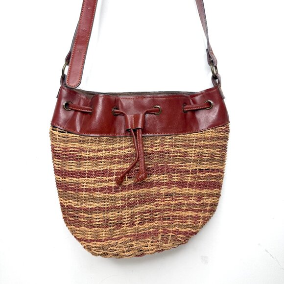 Lucky Brand Kenya Straw Leather Trim Boho Festival Crossbody Bucket Bag Brown - Picture 3 of 5